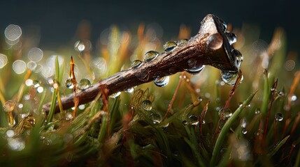 a close up view of water droplets glistening in sunlight on a branch and a bed of dew soaked grass, with an artistic transition to a gray overlay