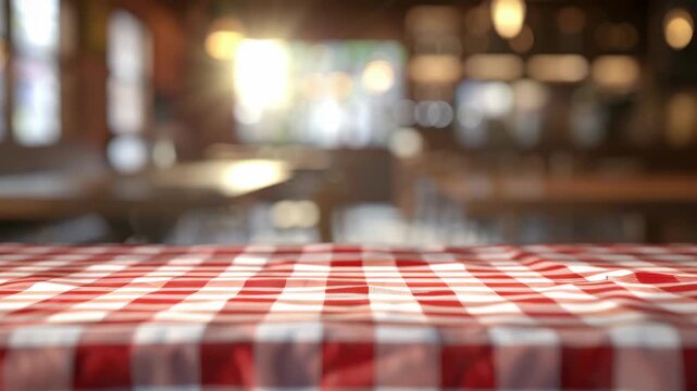 An empty corner of a restaurant booth, featuring a classic red and white checkered tablecloth. The  captures the inviting ambiance of a diner-style eatery.
