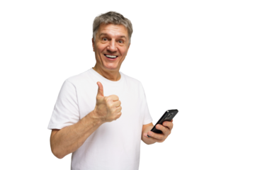 Man shows thumbs up while holding smartphone in hand