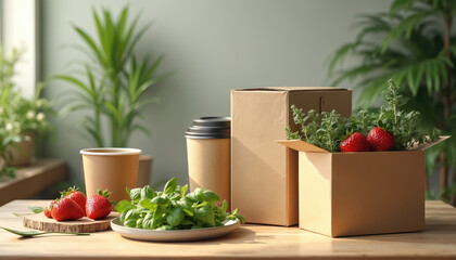 Eco food packaging with fresh strawberries and herbs inside an open box. Cardboard box and paper cups on a table. Sustainable delivery concept. Healthy meal option.