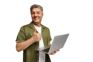 Man gives thumbs up while holding laptop