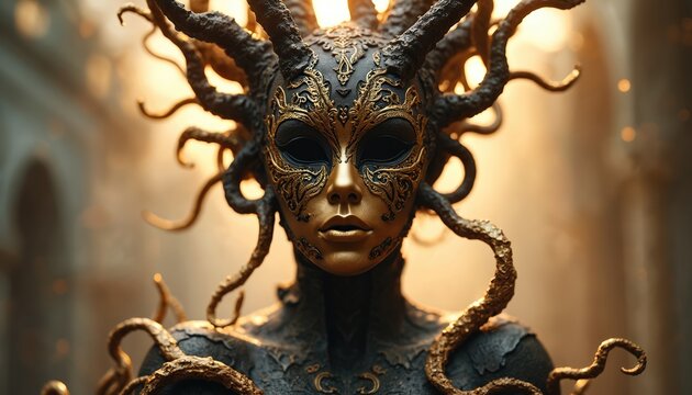 Intricate Venetian mask with golden ornate details, dark tentacle like appendages. Creature mask features stylized horns, ornate patterns, mystical appearance. Ideal for fantasy or gothic themes. - Powered by Adobe