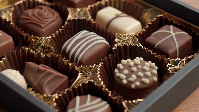 Close-up of luxurious assorted chocolates in a box, a delightful sweet indulgence