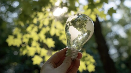 Hand holding globe shaped light bulb with world map green leaves background