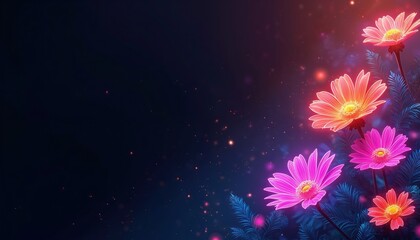 Colorful glowing neon flowers bloom on dark background with sparkling lights. Vibrant floral design for beauty and wellness themes, abstract nature, party invites, or digital art.