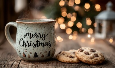 Cozy mug with merry christmas message, steaming hot chocolate, and chocolate chip cookies on a wooden table with festive bokeh lights