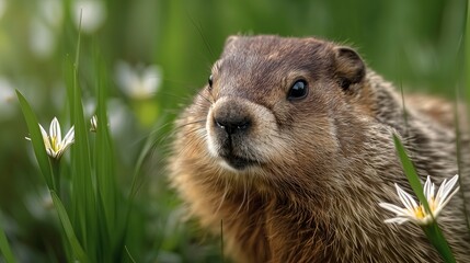 Groundhog Looking Up in Lush Green Field – Perfect for Spring Concepts, Nature Blogs, and Groundhog Day Themes
