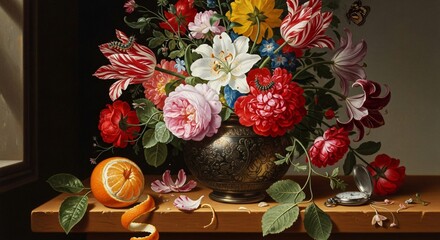 a painting of flowers in a vase on a table