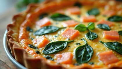 Flaky pastry tart filled with creamy egg custard, chunks of salmon, and fresh spinach leaves. This savory dish is perfect for meals, brunch, or special occasions. Delicious food presentation.