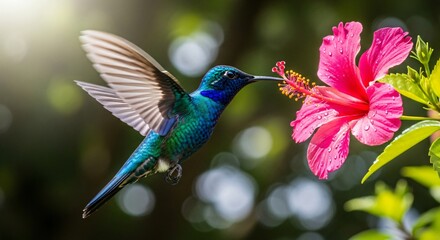 a humming is flying near a pink flower