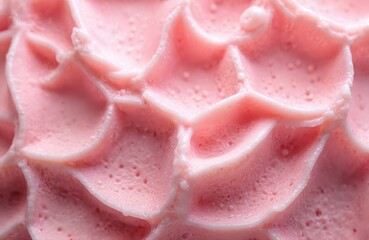 Fototapeta premium Abstract macro shot of light pink frosted swirls. Creamy dessert texture with small air bubbles. Sweet food background with wavy lines and soft shadows.