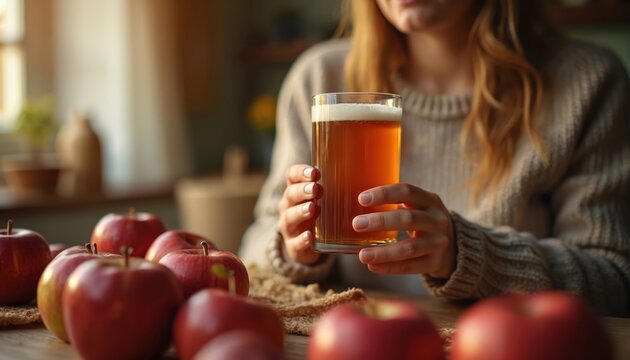 Woman holds glass of apple cider near fresh apples on wooden table. Cozy home interior with soft light from window. Autumnal seasonal beverage with natural ingredients.