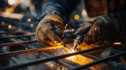 Closeup of skilled welder fusing metal joints on enclosure fence strengthening wildlife protection against unwanted intruders.