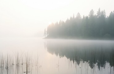 Obraz premium Misty forest lake with calm water and reeds reflects trees. Foggy atmosphere over water surface at sunrise. Serene nature scene in Sweden creates peaceful mood.
