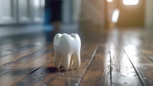 An artistic  depicting a tooth set into a wooden floor, with an interesting focus on decay and abandonment.