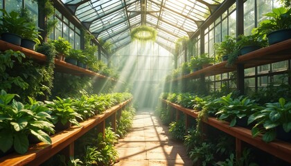 Sunlight rays shine through glass roof into verdant greenhouse filled with lush green plants. Rows of potted flora on wooden shelves line a pathway creating tranquil botanical interior.