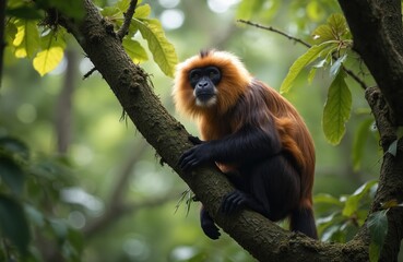 Fototapeta premium Golden mantled howler monkey sits on tree branch in rich green jungle forest. This primate has orange fur on head and body with black limbs and face. Wildlife lives in rainforest habitat.