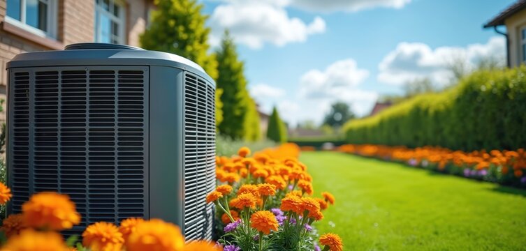 Outdoor air conditioning unit sits near blooming flowers in a rich green garden. Residential HVAC system operates quietly on a bright sunny day, keeping home cool.