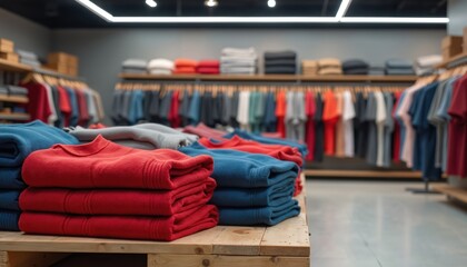 Neatly folded stacks of colorful sweaters sit on wooden table inside modern retail clothing store. Racks of apparel fill background displaying various tops, shirts for sale. Clean shelves hold folded
