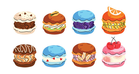 Vector set of colorful french macarons with different flavors. Sweet dessert collection with chocolate, berry, fruit and pistachio macarons, perfect for bakery design, packaging and food illustrations