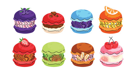 Vector set of colorful french macarons with different flavors. Sweet dessert collection with chocolate, berry, fruit and pistachio macarons, perfect for bakery design, packaging and food illustrations