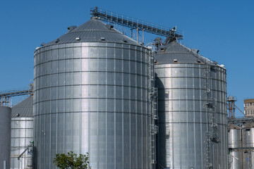 View of large metal silos used for storage at a grain facility on a clear sunny day in a rural area