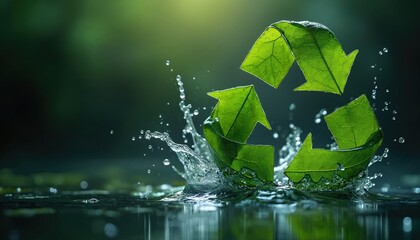 Green recycle symbol made of leaves splashes in water against dark background. Symbolizes sustainability and eco friendly nature. Clean water droplets fly and reflect. Nature concept.