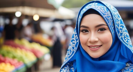 a woman wearing a blue headscar
