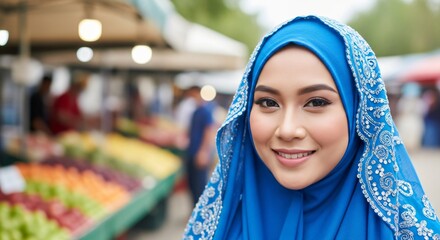 a woman in a blue headscar is smiling at the camera