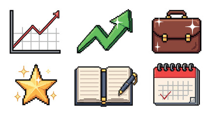 Set of six pixel art business icons including a growth chart, arrow, briefcase, star, notebook, and calendar for finance and success concepts in a retro 8-bit style