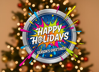 Festive Happy Holidays Pop Art Card with Christmas Tree Bokeh