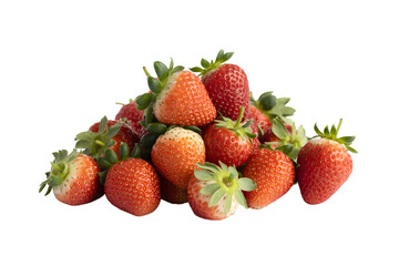 fresh strawberries pile close up with green leaves  . Isolated on transparent background, png