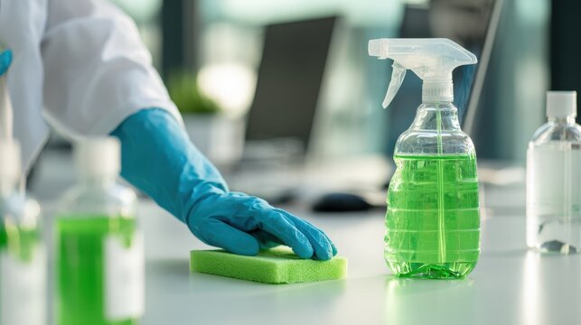 Ecofriendly cleaner applying green cleaning solutions to sanitize workstations promoting sustainable office hygiene. - Powered by Adobe