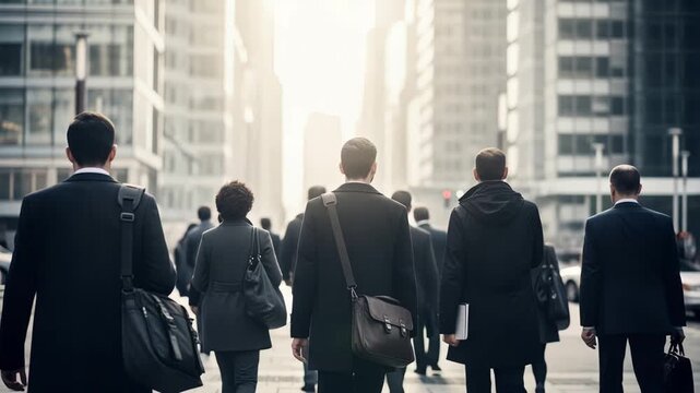 group of professionals walking through financial district at sunrise