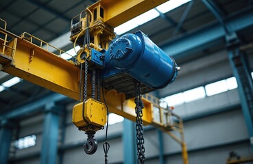 Heavy duty overhead crane hoist hook assembly hangs in industrial workshop. Yellow and blue heavy machinery moves loads in factory interior. Steel chains and beams form part of bridge crane.