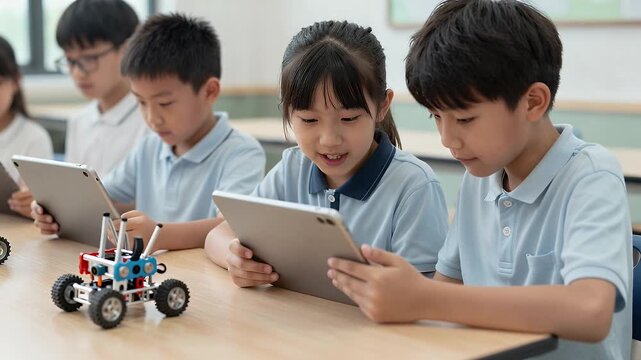 Children Engaged in Learning with Tablets and Robotic Toys in a Classroom Setting