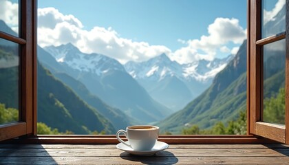 White coffee cup sits on weathered wood table. Open window frames vast mountain landscape. Sun shines on green slopes below snow capped peaks under blue sky with clouds.