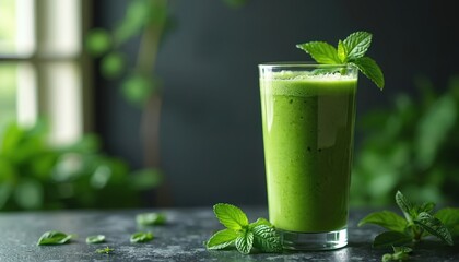 Glass of green mint smoothie on dark surface. Fresh drink with mint leaves garnish, healthy lifestyle beverage. Natural refreshment for hot summer days.