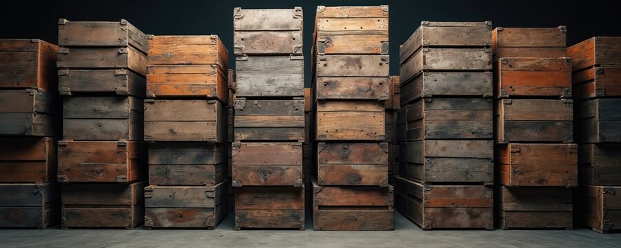 Tall stacks of weathered wooden crates are tightly arranged against dark backdrop. Boxes display rich brown, gray tones, emphasizing their rustic texture, robust construction for storage, transport.