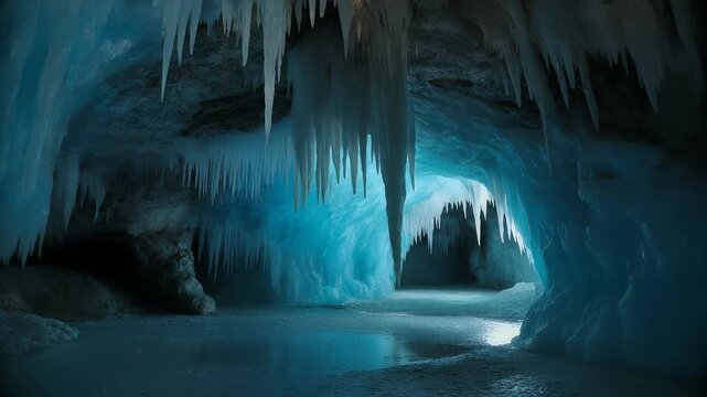 Stunning blue ice cave interior with numerous icicles and a reflective icy floor, showcasing natural frozen beauty.