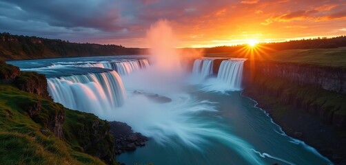 Expansive waterfalls plunge over rocky cliffs at sunset. Golden sunrays streak across sky, illuminating mist rising from powerful cascading water. Rich green terrain borders dramatic river.