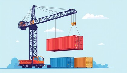 Fototapeta premium Industrial Crane Lifting Red Shipping Container onto Truck at Port Terminal - Global Logistics and Supply Chain Vector Illustration