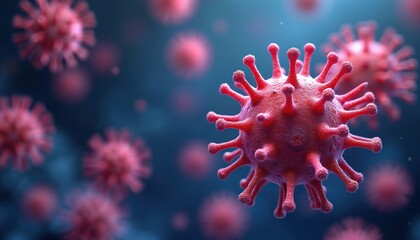 Red virus particles float in dark blue fluid. Microscopic view of coronaviruses and disease spread. Medical science research on infection and virus strains.