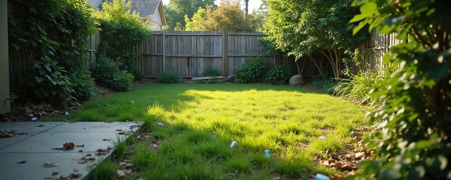 Overgrown backyard lawn with weeds and scattered debris. Tall green grass grows wild in sunlight near a wooden fence. Outdoor space needs tidying and landscaping.