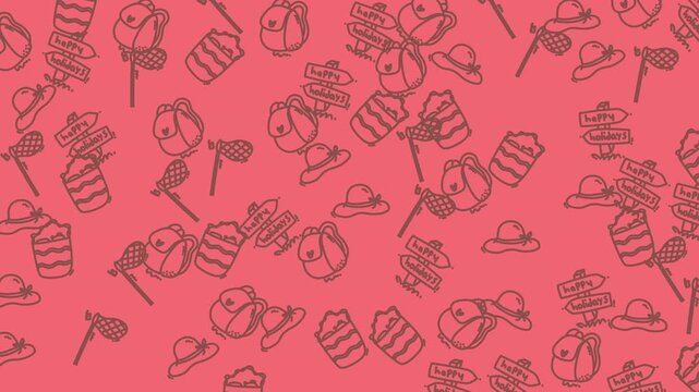 Pattern of hats backpacks and stacked luggage in brown. Suitable for travelthemed designs, vacation visuals, and wanderlust concepts.