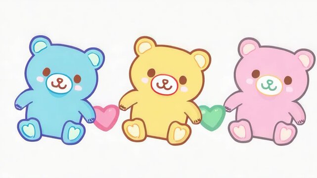 three toy bear characters in pastel colors holding hearts. Perfect for children's materials or as an adorable decoration.