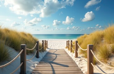 Wooden walkway crosses sand dune to wide white beach. Clear blue ocean meets horizon under sunny sky with fluffy clouds. Tall dry grass lines path.