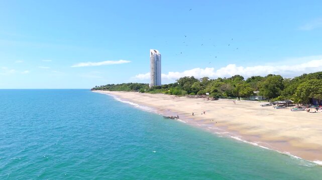 Aerial video taken with a drone on Santa Clara Beach on a sunny day with perfect weather next to the Pacific Ocean, in the province of Cocl&eacute;, in R&iacute;o Hato, Panama.	