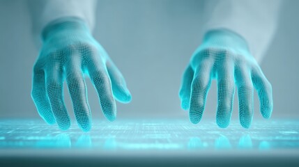 Futuristic Digital Hands Interacting with AI Technology Grid