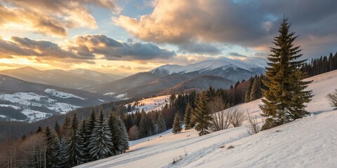 Winter Carpatian mountain sunrise landscape with snowy hills and pine trees